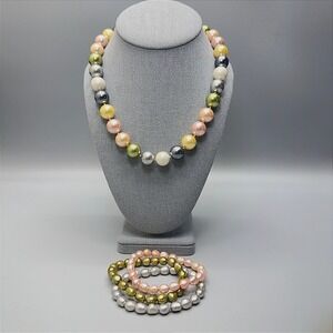 Multicolored Faux Pearl Bead Bracelet and Necklace Lot 18" Pastel Spring Summer